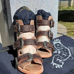 Freebird by Steven Brown and Cream Studded Triple-Buckle Leather Sandals